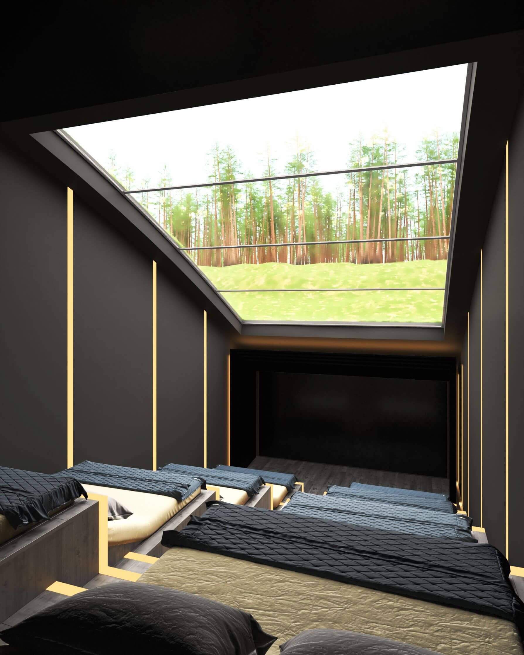 home theater with skylight ceiling